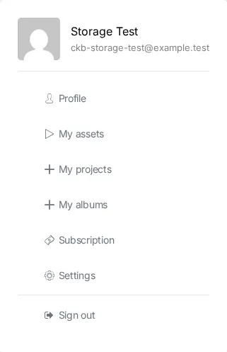 Avatar menu on the Storage Test account