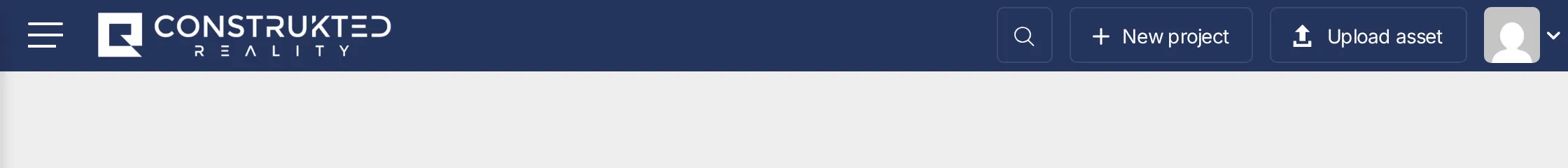 Current application header with search, New project, Upload asset, and avatar