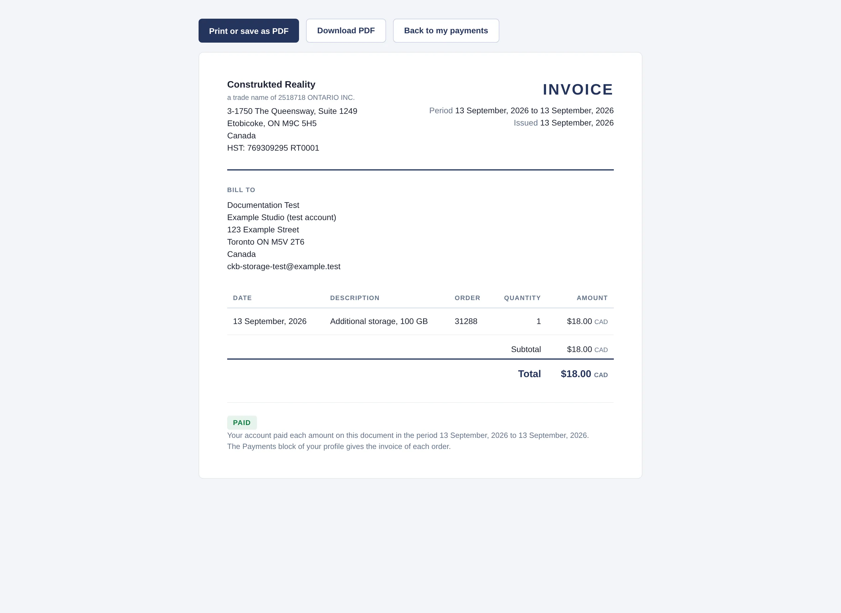 Invoice for the test account showing its payment in CAD
