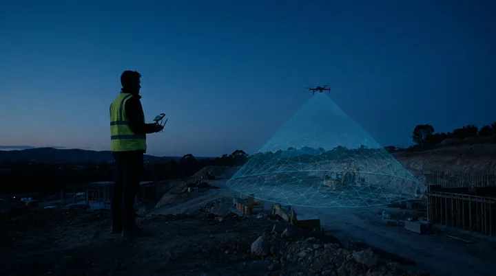 A drone operator in a hi-vis vest scanning a construction site at dusk, the drone projecting a mesh over the terrain