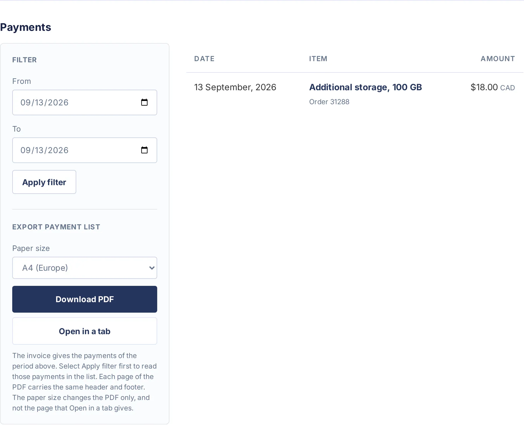 Payment history with date filters and PDF export controls