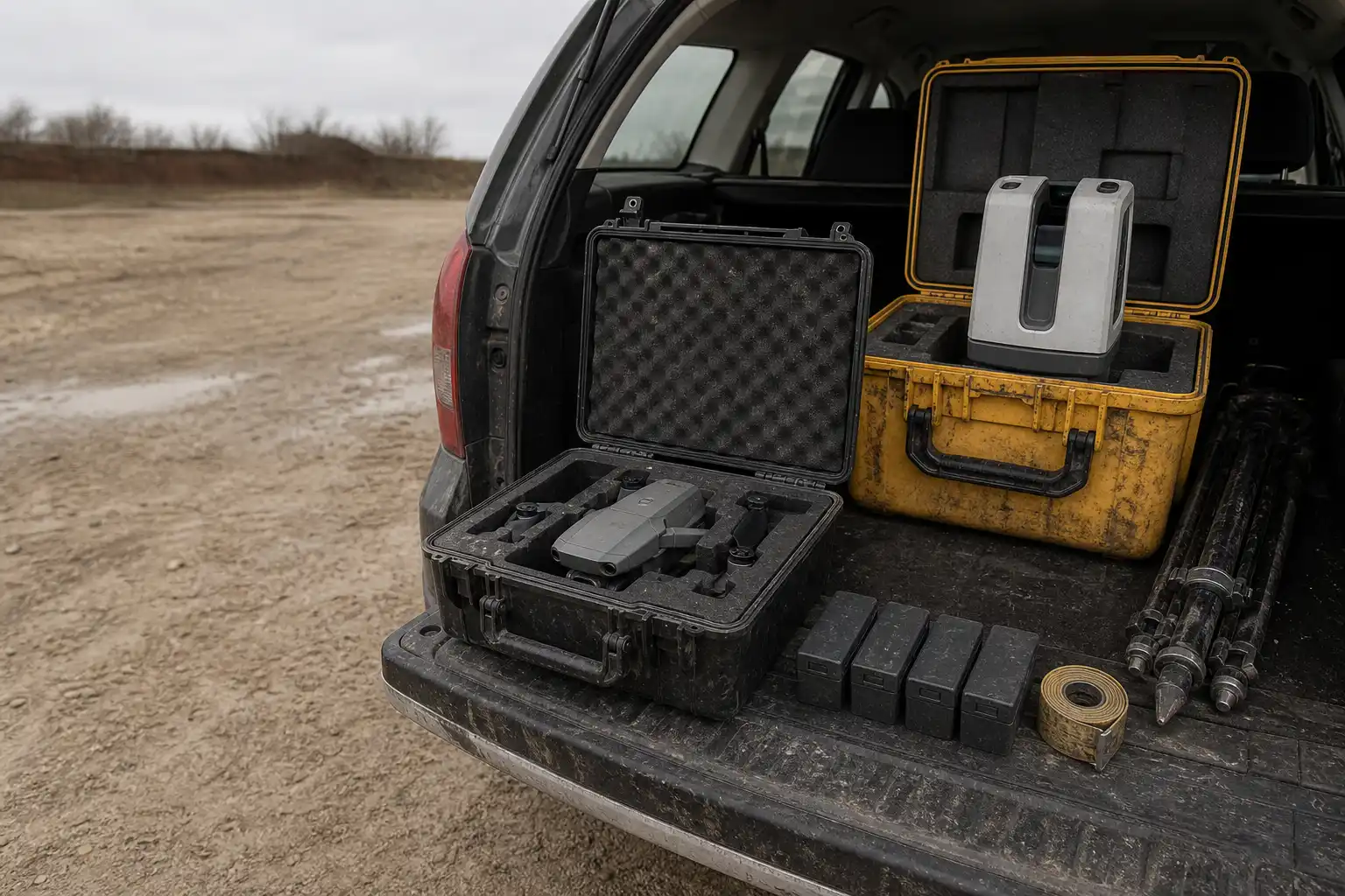 The open tailgate of a survey vehicle loaded with a folding quadcopter, a laser scanner in its case, spare batteries and a tripod