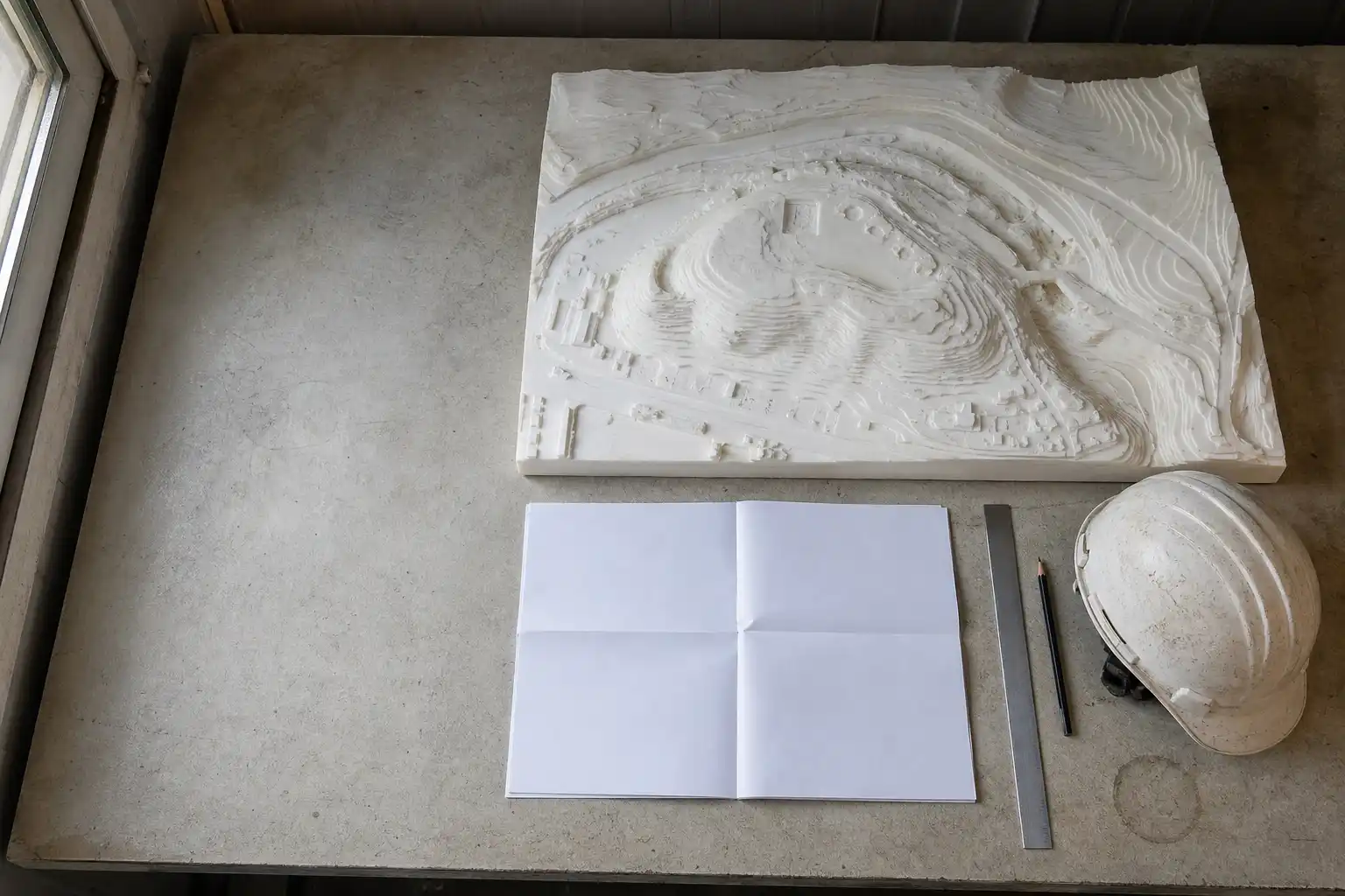 A site plan table seen from above, with a printed terrain model of a real site, a scale rule and a hard hat