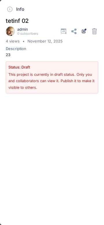 Project info side menu with direct editing and sharing icons