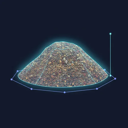 Photoreal gravel stockpile enclosed in a glowing volumetric measurement shell with footprint polygon and height line