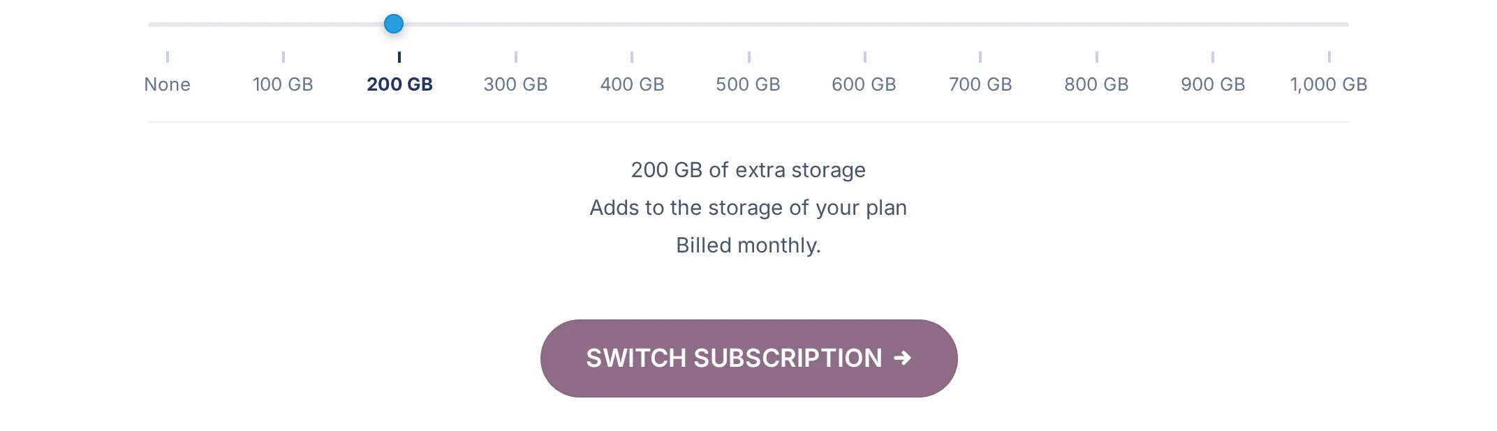 Additional Storage with 200 GB selected and the Switch subscription button visible