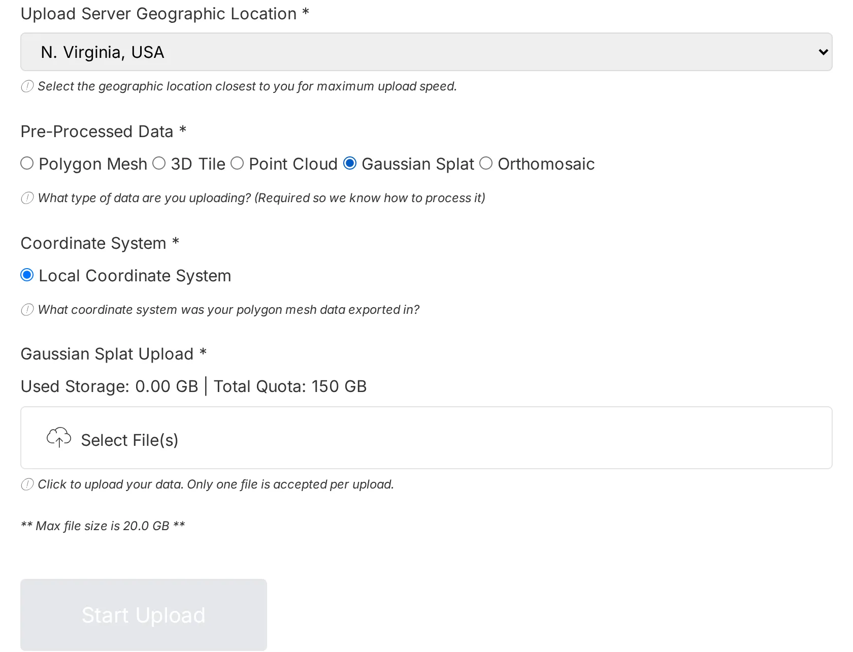 Current upload form with Gaussian Splat selected