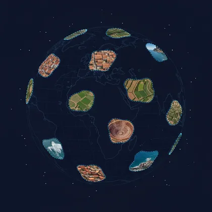 Dark wireframe Earth with small photorealistic terrain patches stitched on with glowing azure edges